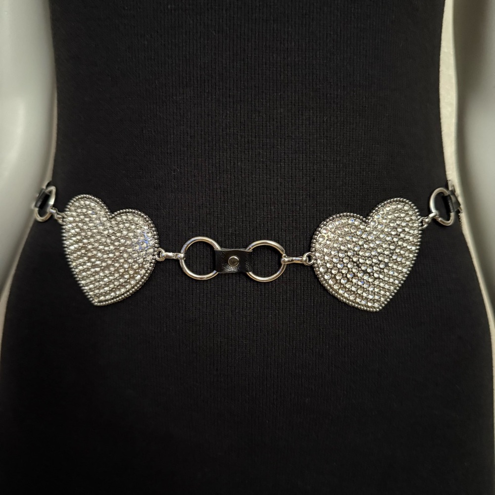 Silver tone heart shaped with rhinestone details chain belt